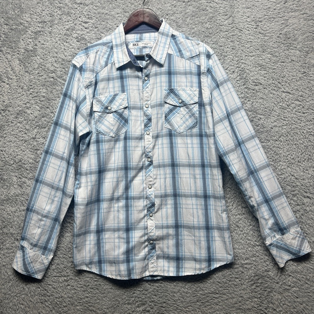 BKE Athletic Fit Pearl Snap Blue Plaid Long Sleeve Western Shirt Mens Size Large